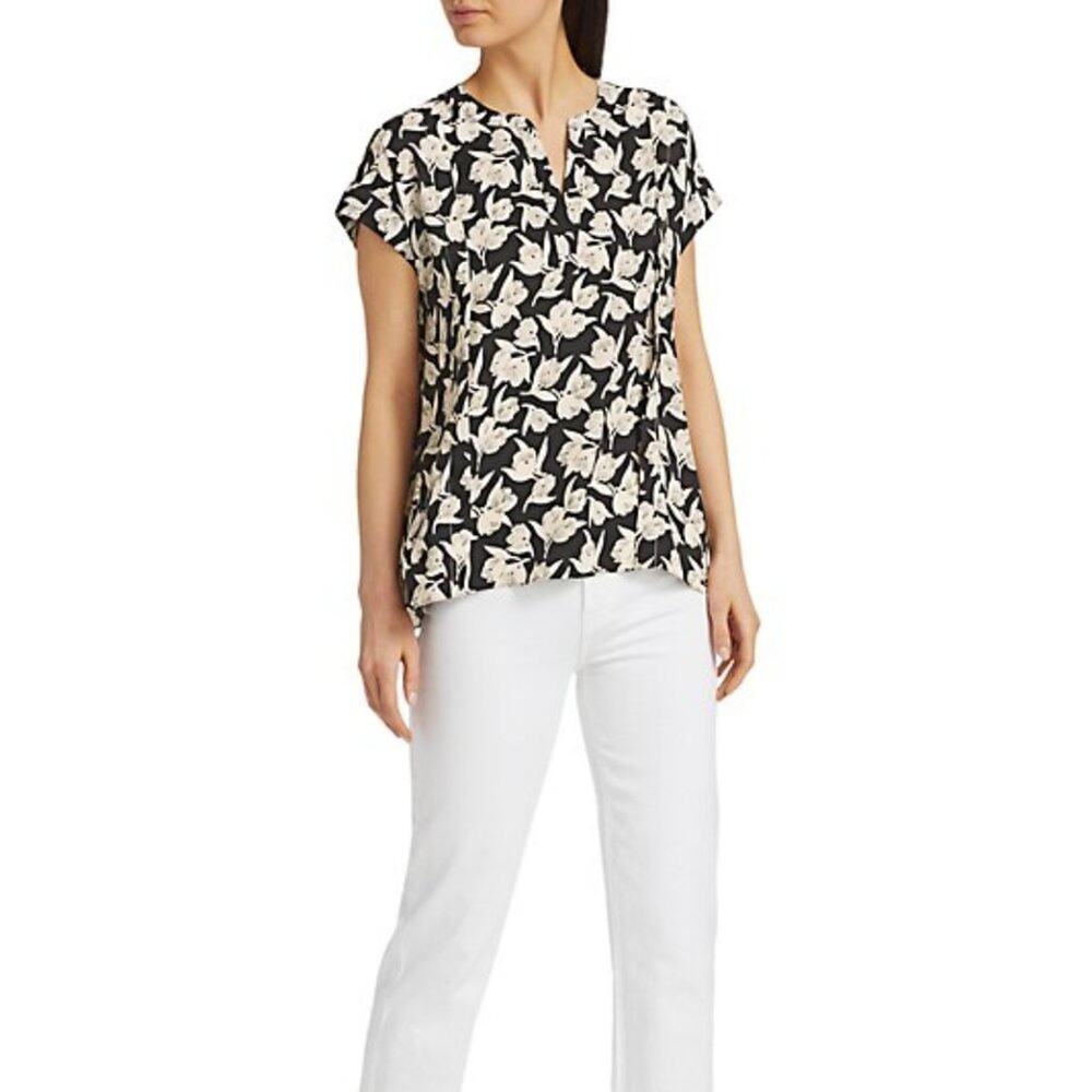 Joie Solace Top Blouse Black / tan Floral V-Neck Short Sleeve Size Small